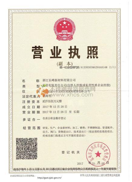 浙江長峰新材料有限公司營業執照