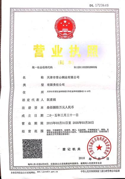 天津市青山鋼業(yè)有限公司營業(yè)執(zhí)照